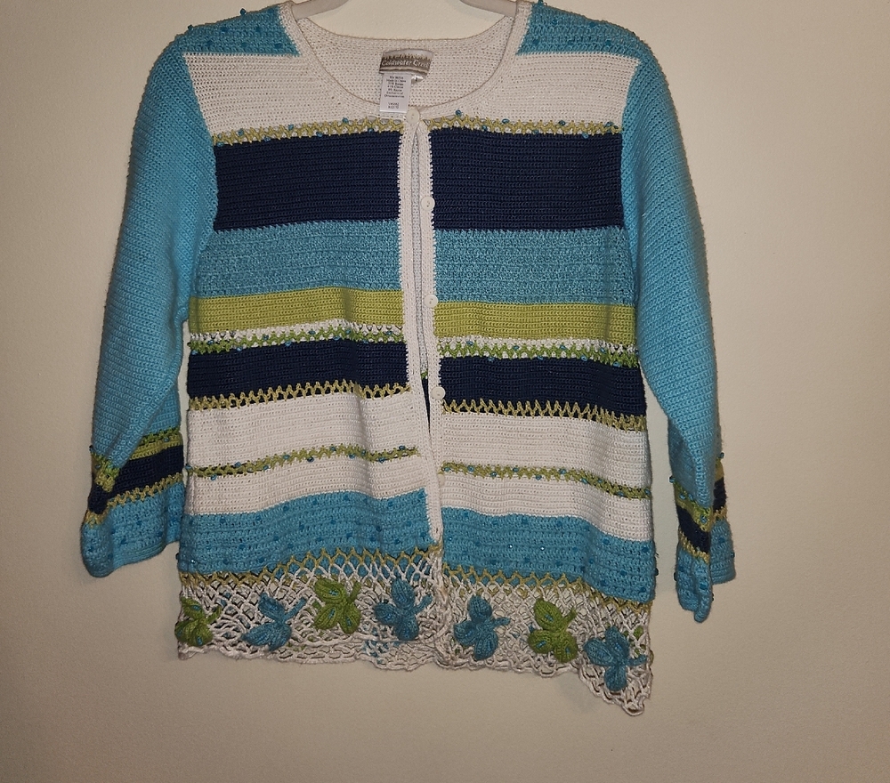 Coldwater Creek Blue and Green Striped  Summer Crochet Cardigan